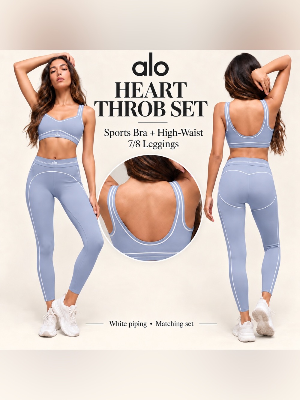 ALO Yoga Heart Throb Set in Light Blue with White Piping